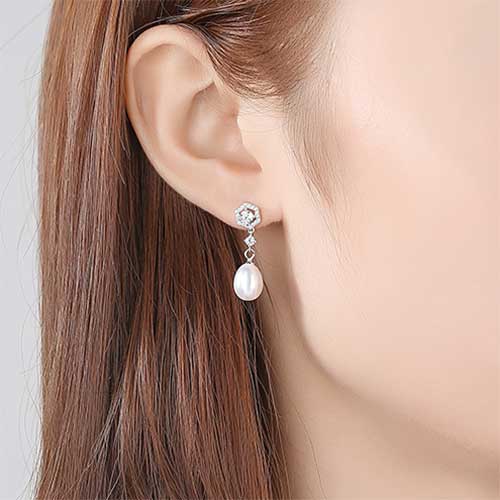 White Silver Pearl Drop Earring Bridal