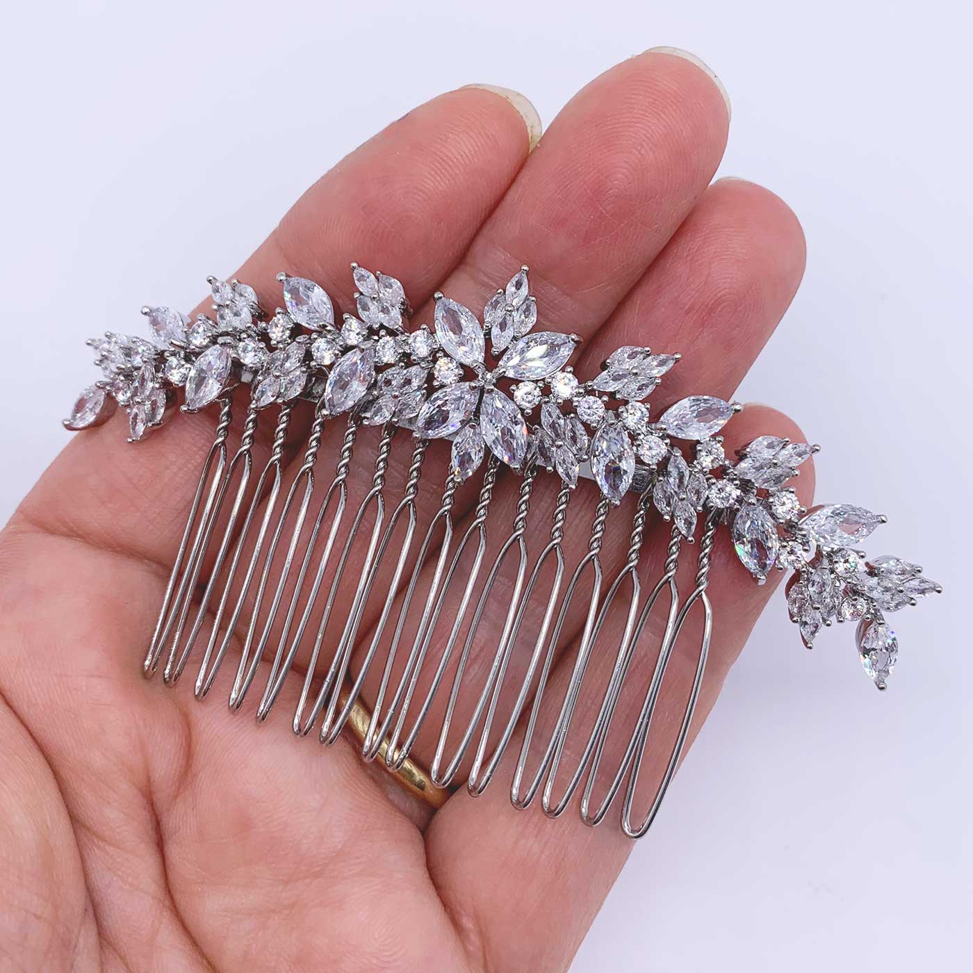 silver bridal hair comb cz diamonds