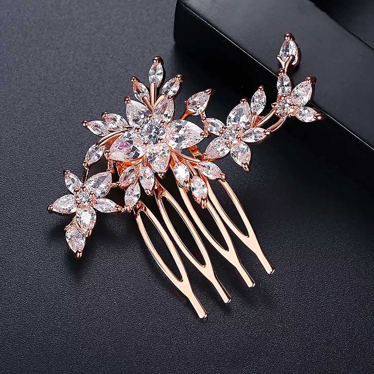 bridal evening hair comb rose gold cz diamonds