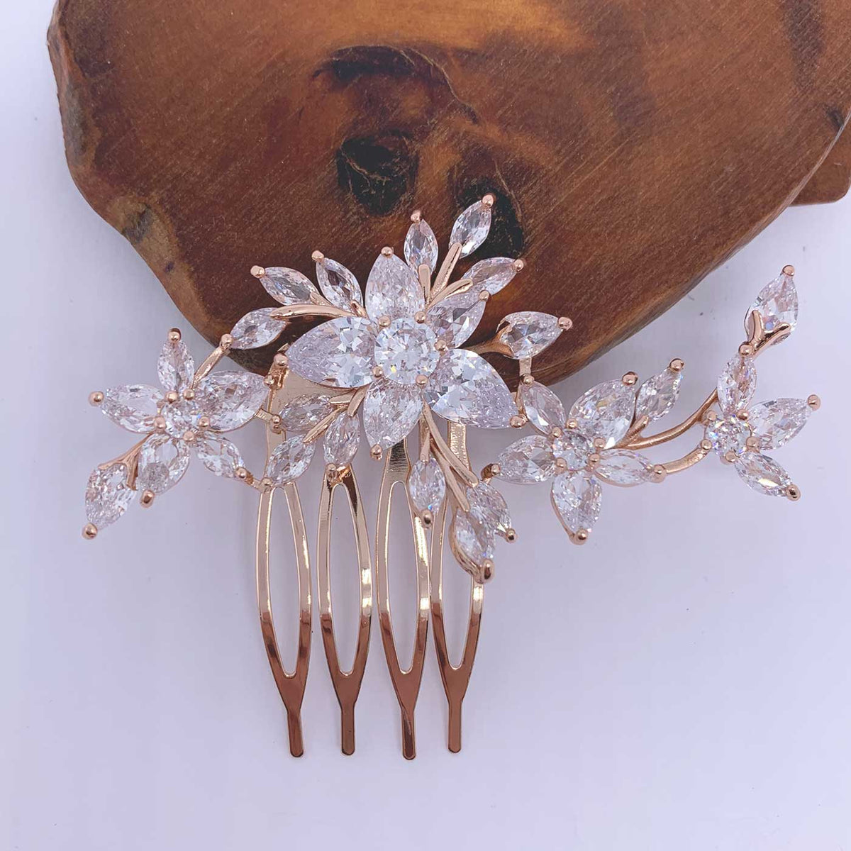 bridal evening hair comb rose gold cz diamonds