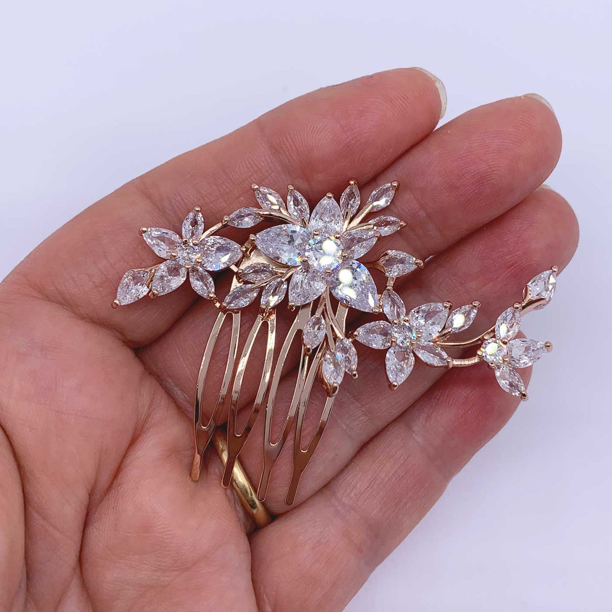 bridal evening hair comb rose gold cz diamonds