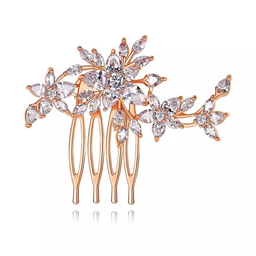 bridal evening hair comb rose gold cz diamonds