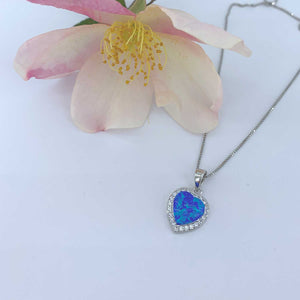 925 Sterling Silver Crystal Heart Opal Necklace "Camilla" (Blue)