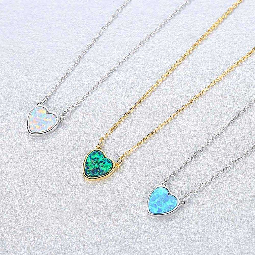 silver heart necklace white opal