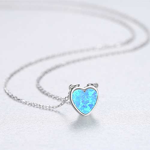 silver necklace blue opal heart