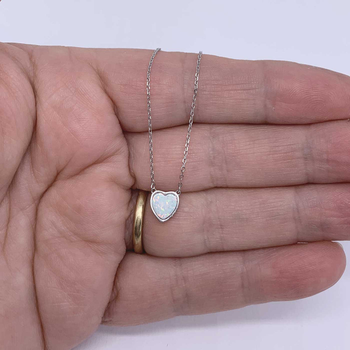 silver heart necklace white opal