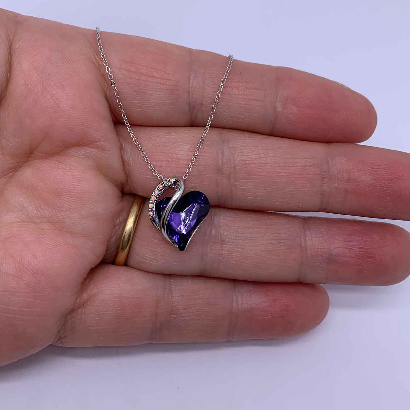 crystal silver heart necklace deep purple