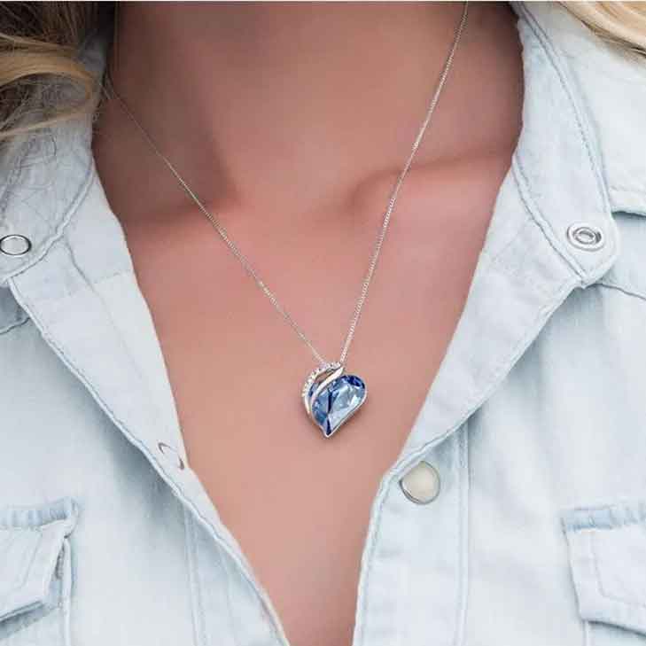 crystal silver heart necklace blue