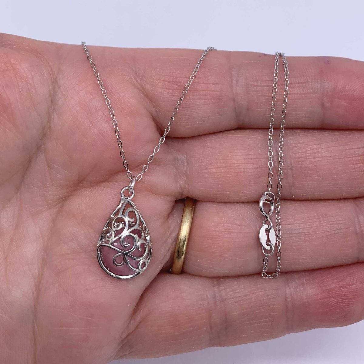 Pink cat eye silver filigree necklace