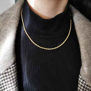 gold twisted rope chain necklace worn