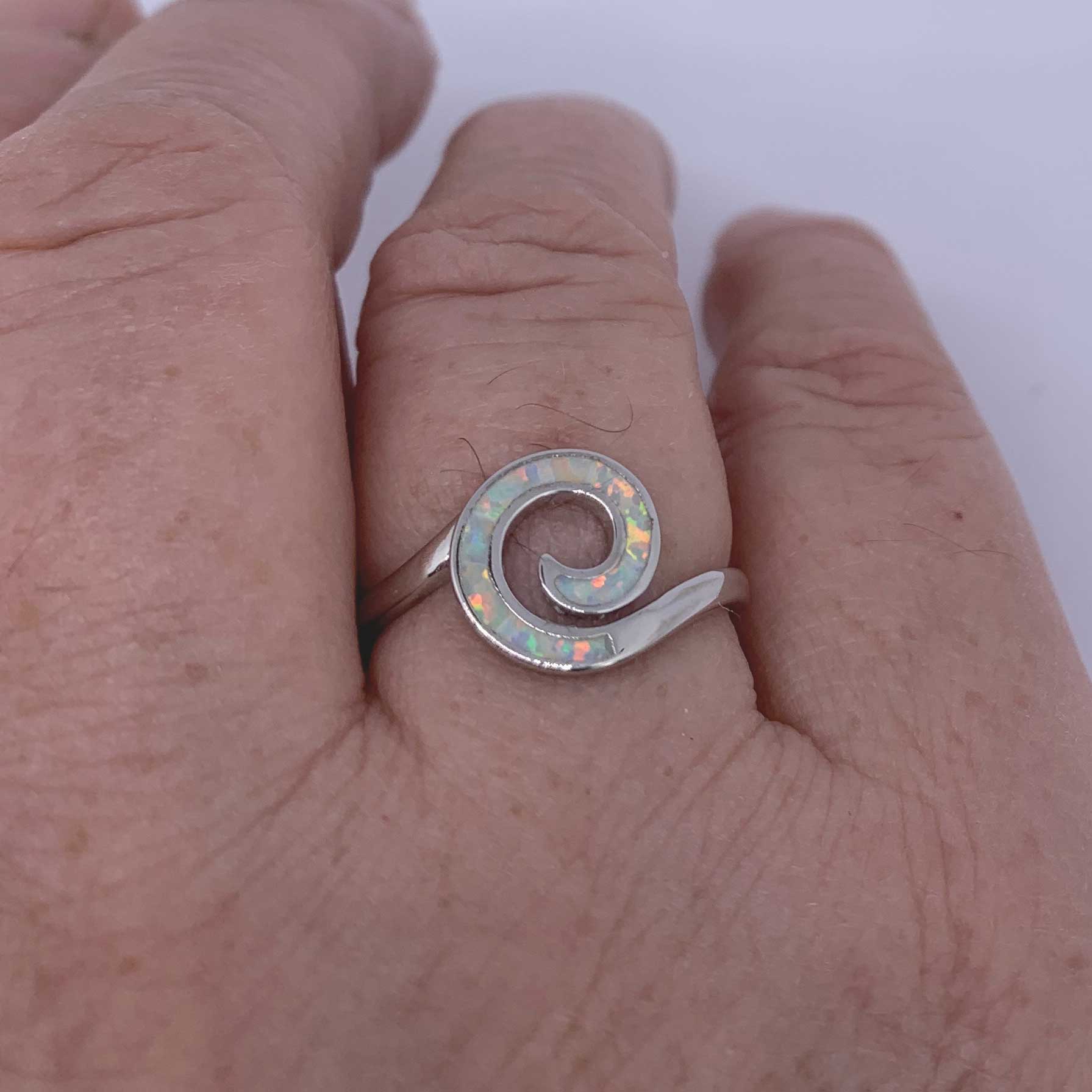 925 Sterling Silver Opal Koru Spiral Ring "Amiria" (White)