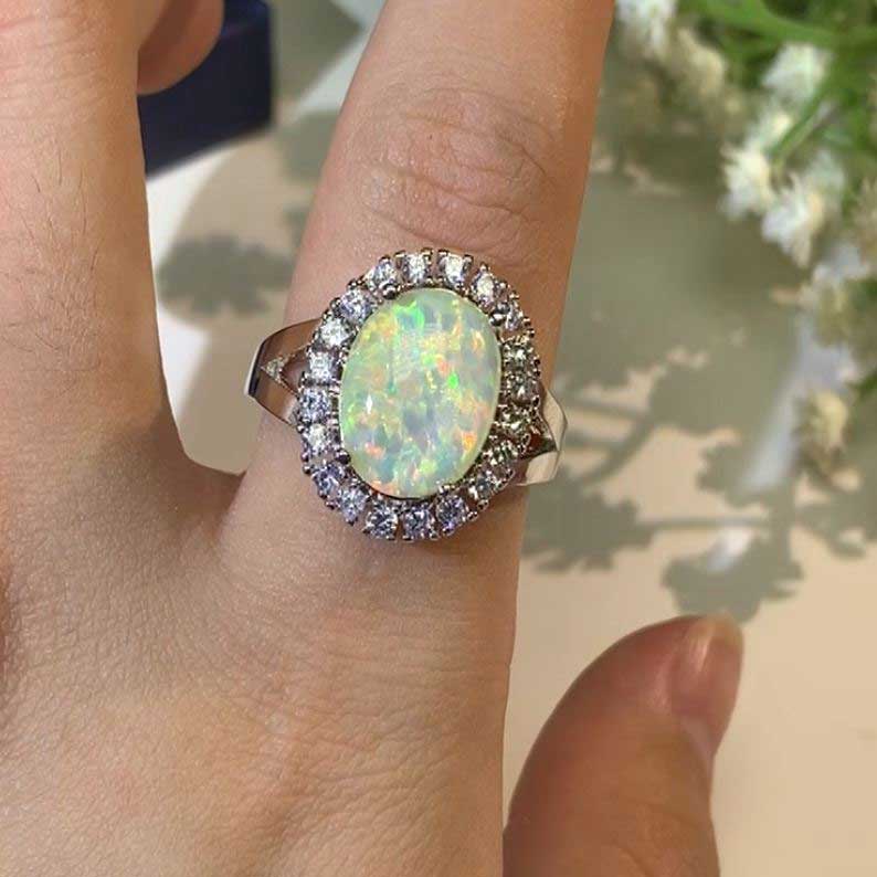 large opal silver ring princess diana style engagement 