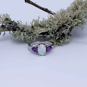 925 Sterling Silver Opal CZ Diamond Ring "Marcy" (Purple)