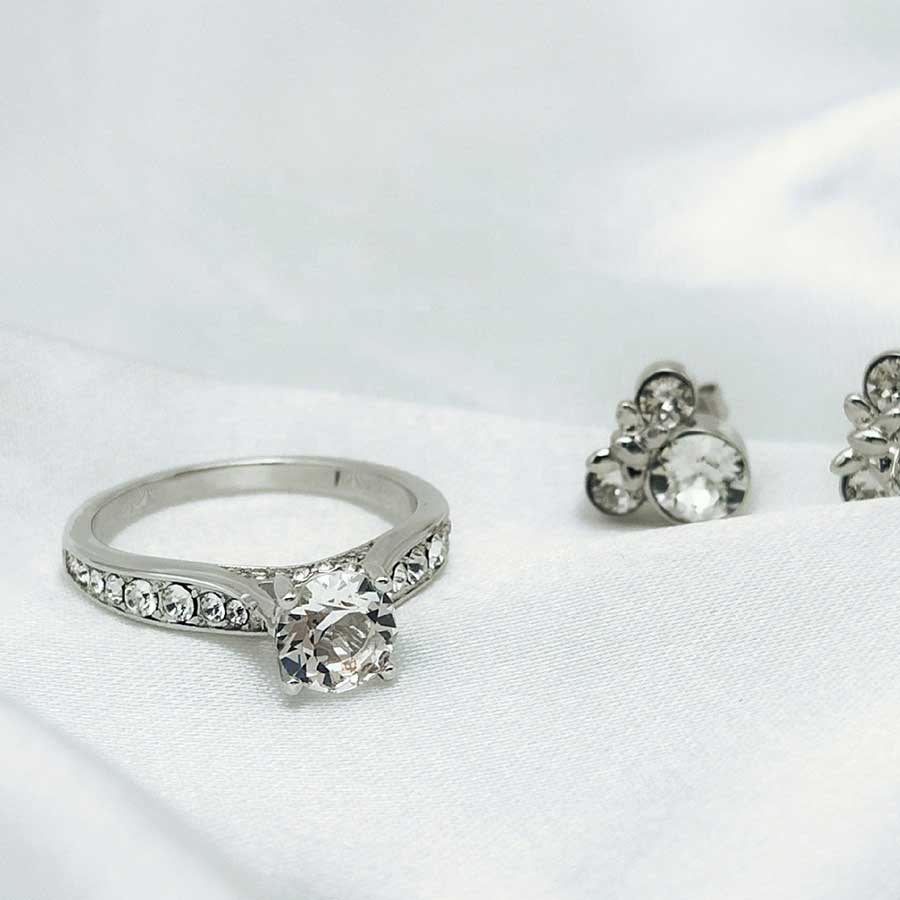 silver crystal engagement wedding ring