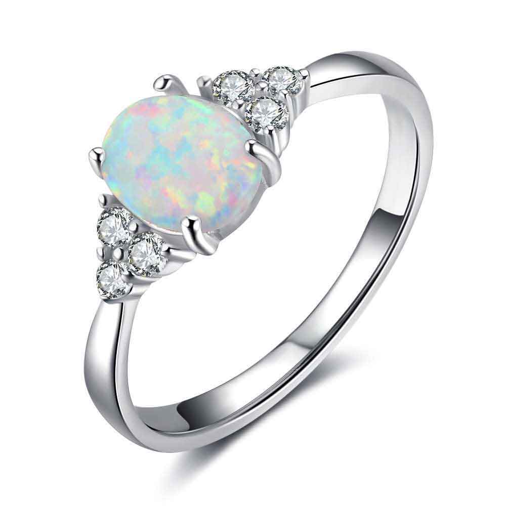 925 Sterling Silver Opal CZ Diamond Ring "Veena" (White)