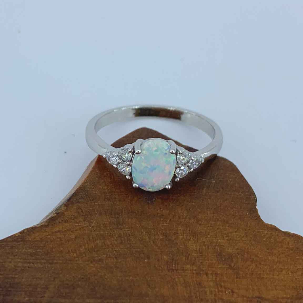 925 Sterling Silver Opal CZ Diamond Ring "Veena" (White)