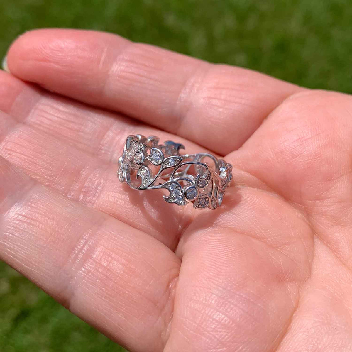 crystal silver filigree dress ring