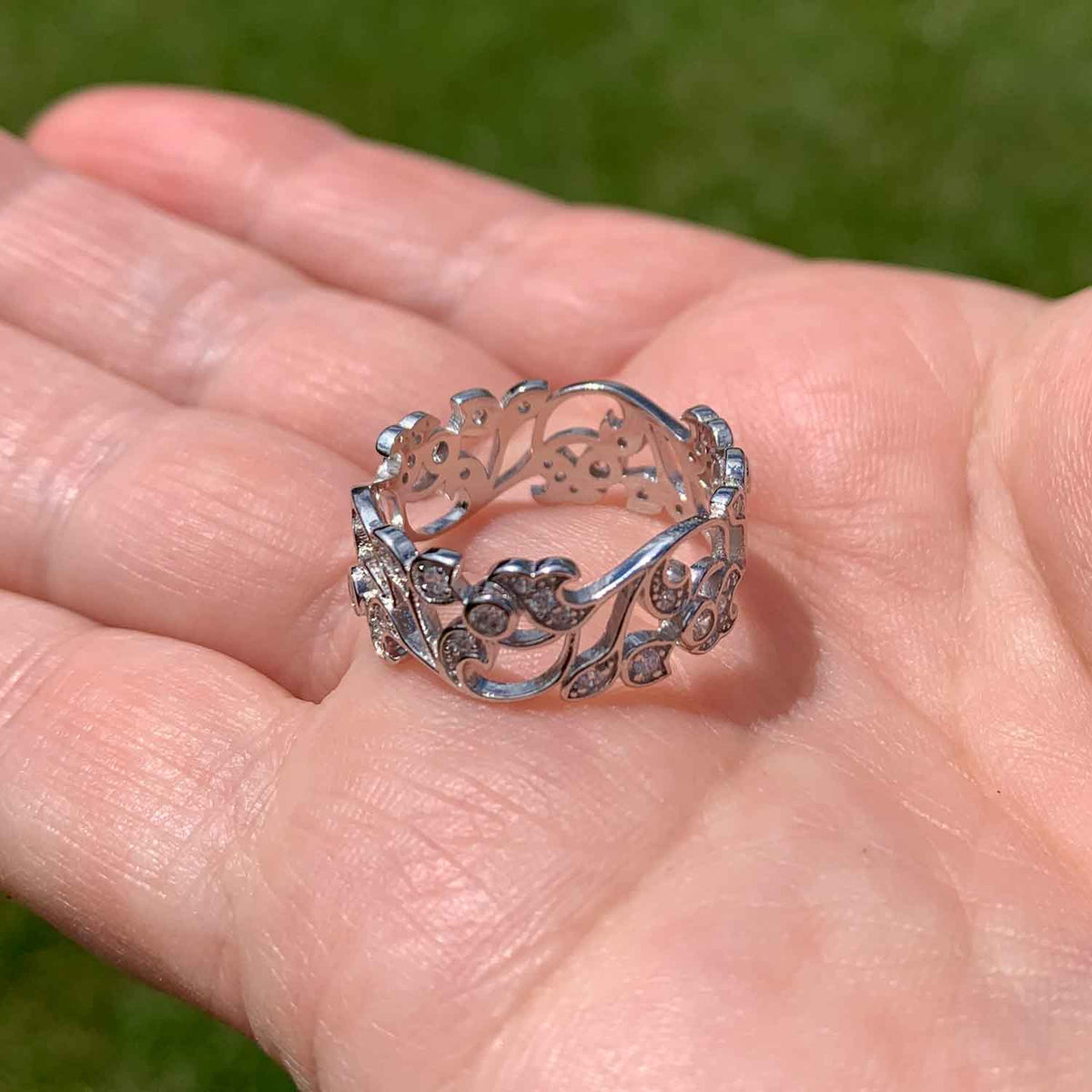 crystal silver filigree dress ring