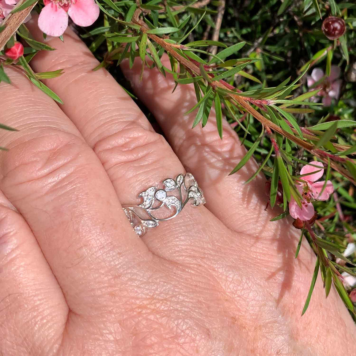 crystal silver filigree dress ring