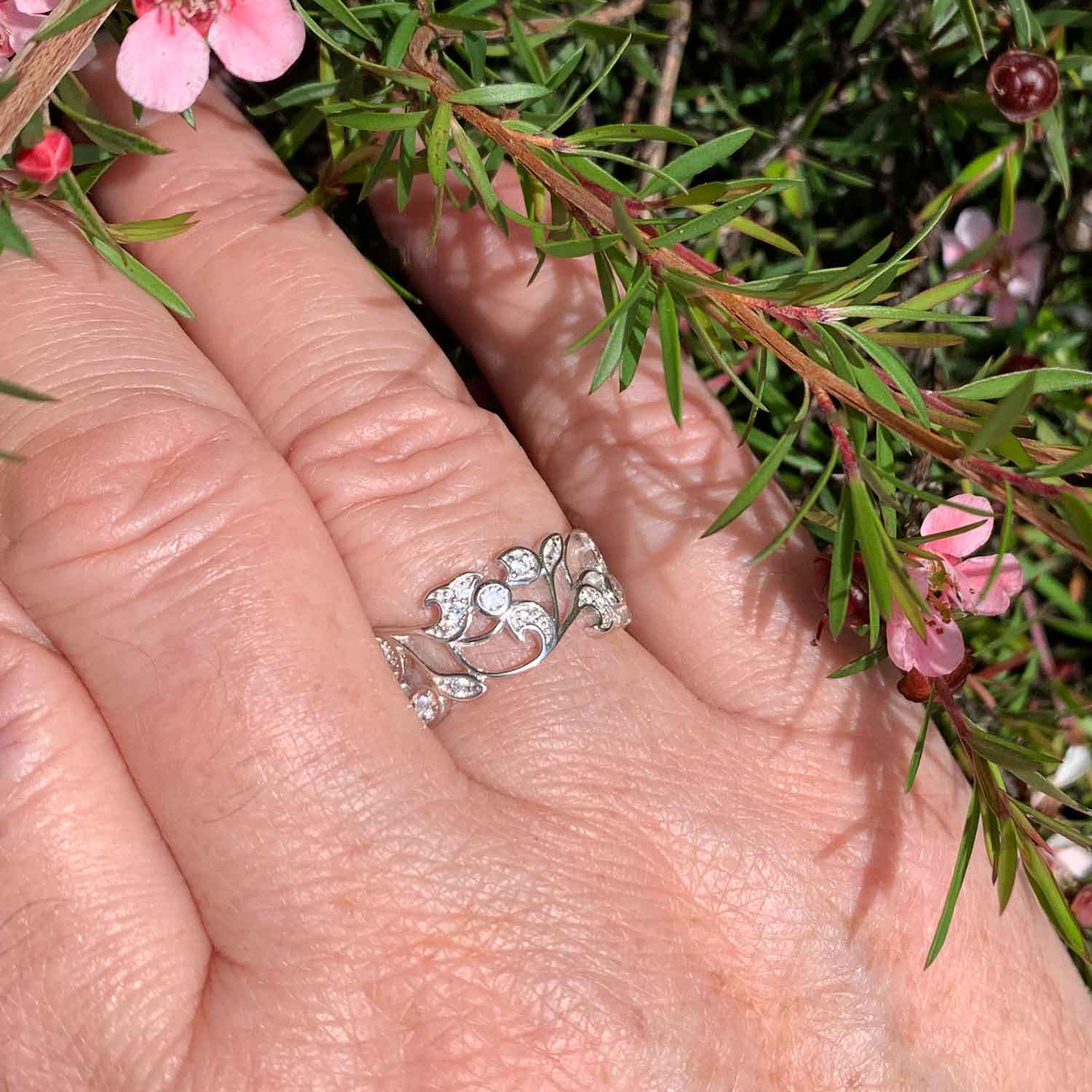 crystal silver filigree dress ring