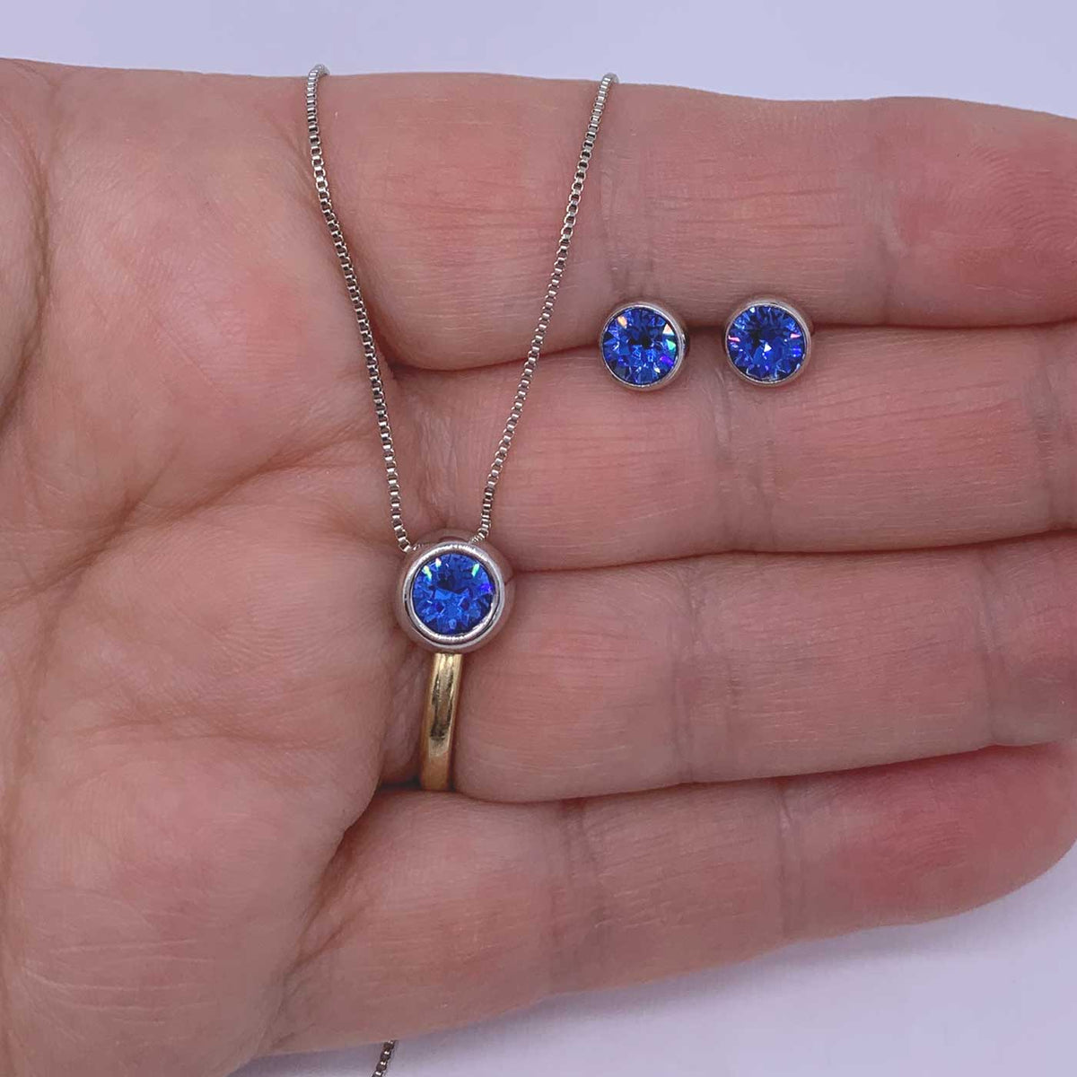silver matching jewellery set blue crystal
