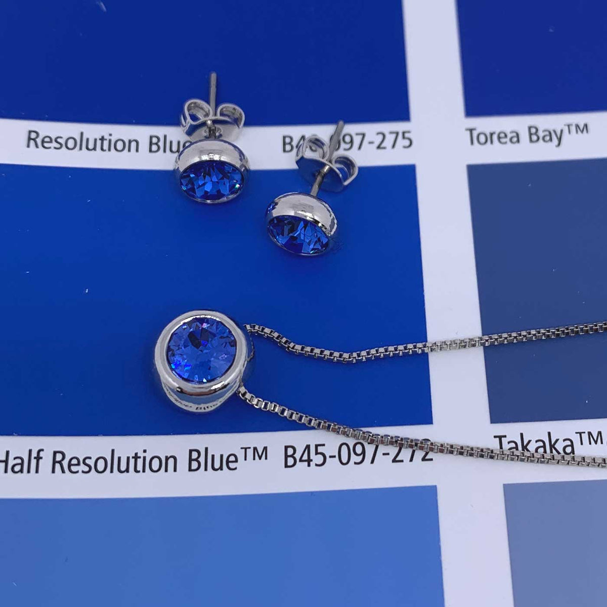 silver matching jewellery set blue crystal