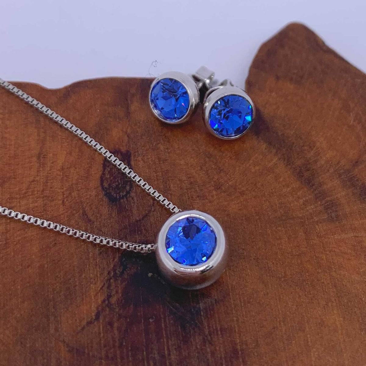 silver matching jewellery set blue crystal