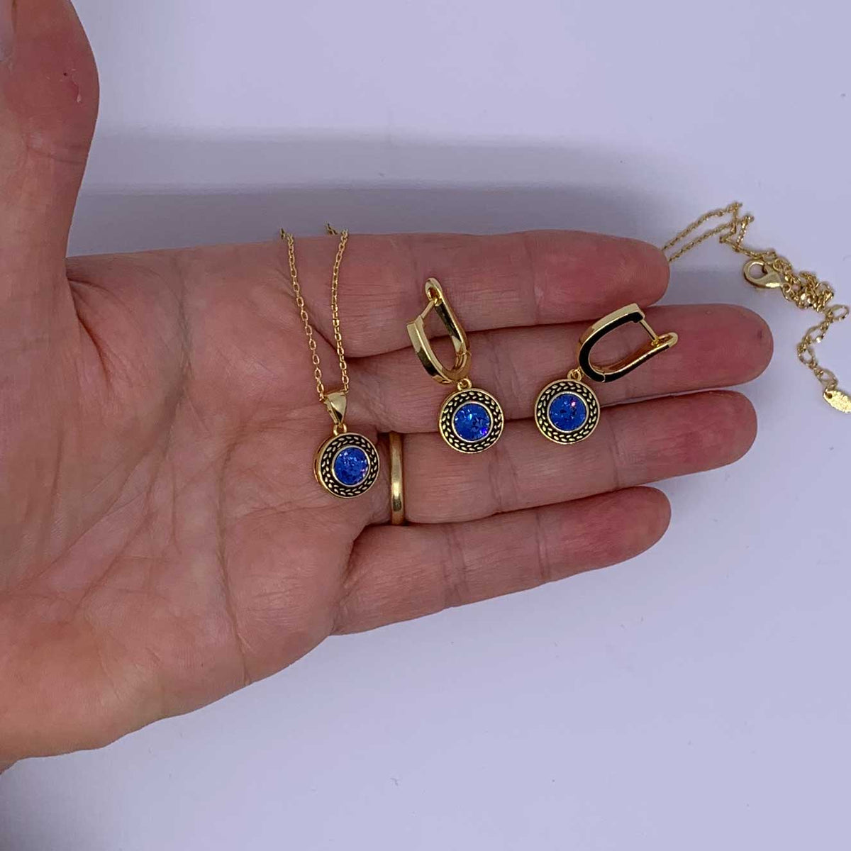 jewellery set gold blue swarovski