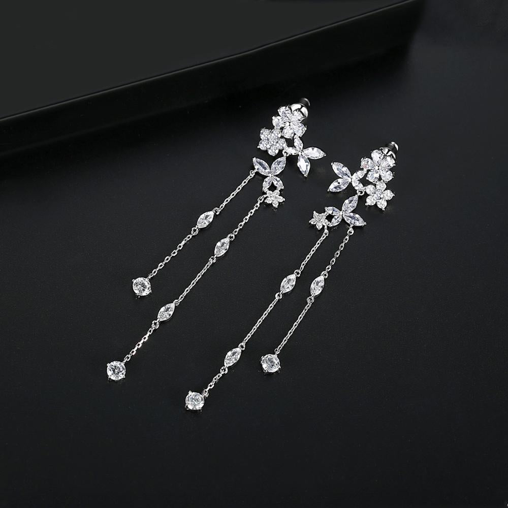 Silver Crystal Tassel Drop Earrings "Bali"
