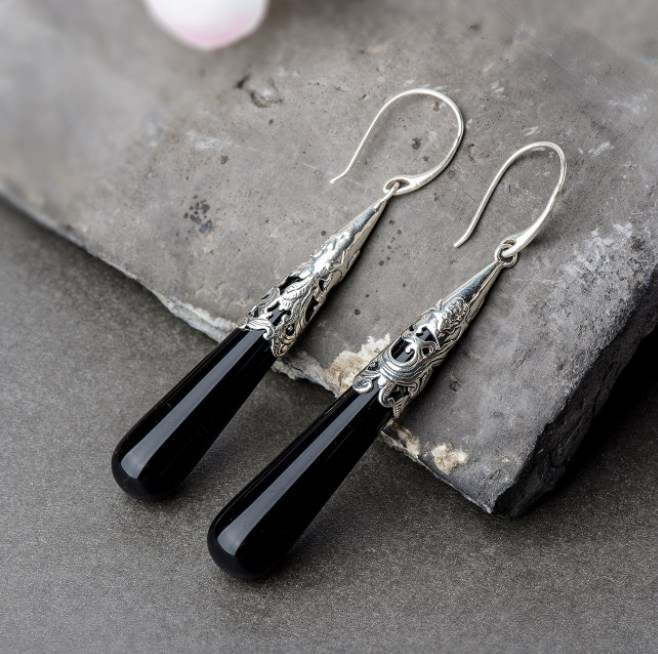 long black earrings silver onyx