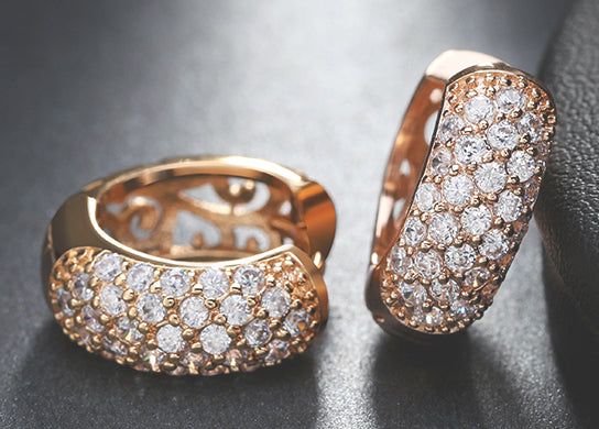 Gold Huggie Filigree and CZ Diamond Earrings "Rachel"