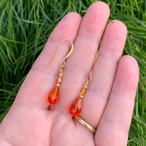 crystal orange red drop gold earring