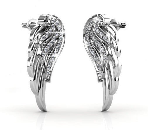 silver crystal wing earrings for women