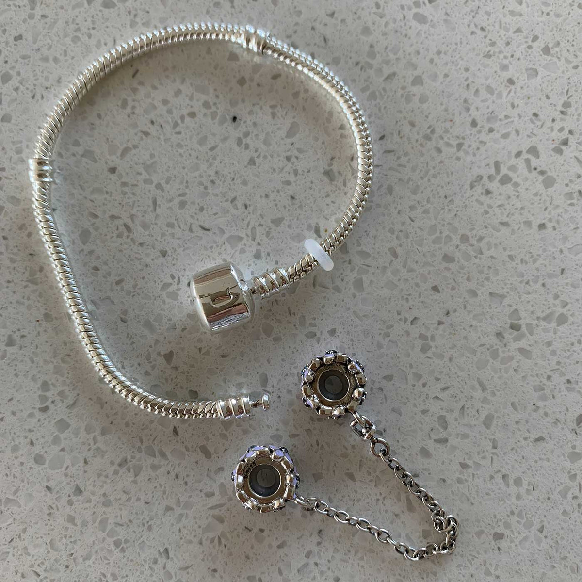 925 Sterling Silver Safety Chain Charm - Lilac Flowers