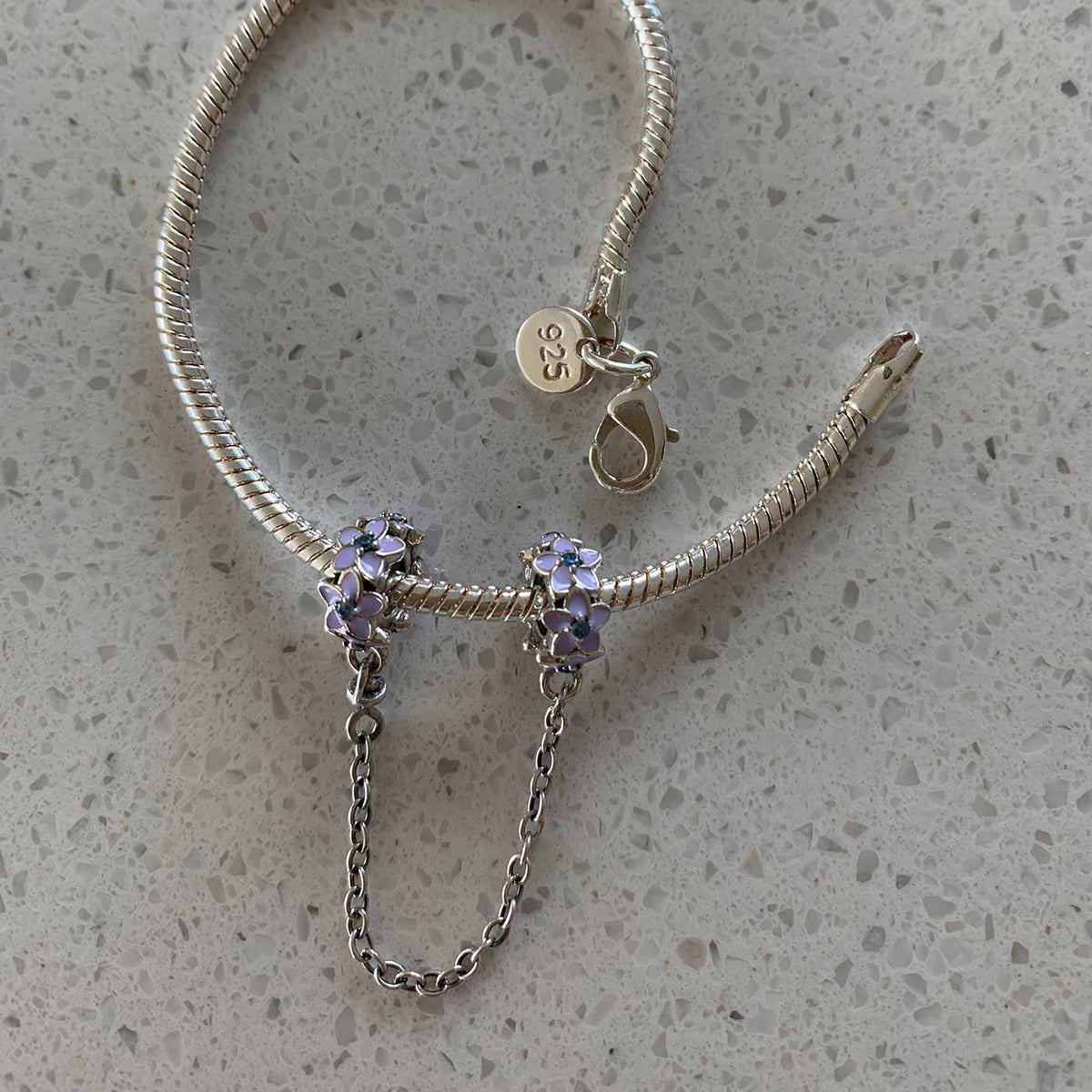 925 Sterling Silver Safety Chain Charm - Lilac Flowers